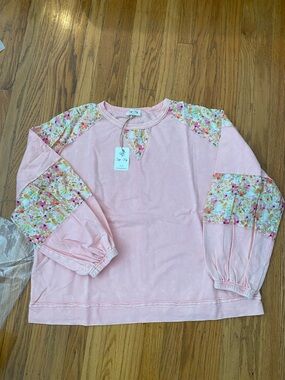 Sage + Fig Pink Sweatshirt Pullover with Floral Patchwork